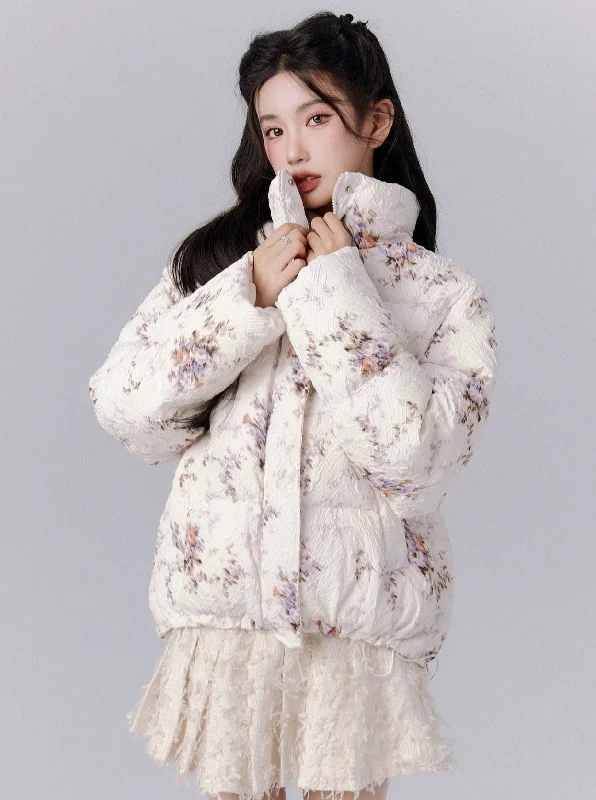 Ethereal Bloom Winter Set: Floral Puffer Jacket and Pleated Lace Skirt Trench Coat Raincoat Waterproof Jacket