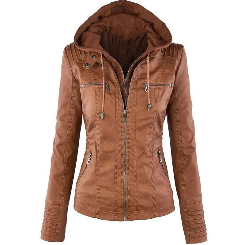 Women Solid Leather Jacket Hoodie Zip-Up Jacket Button-Up Jacket