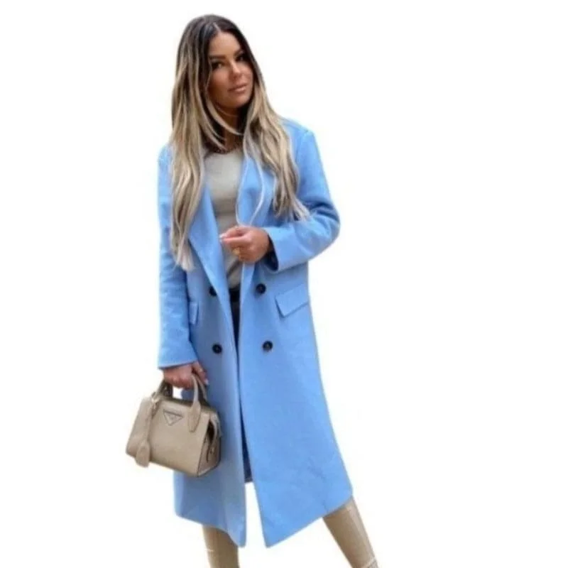 GLORIA Design Women's Fine Fashion Elegant Design Sky Blue Long Wool Coat Jacket Lace Jacket Ribbed Jacket Sequined Jacket