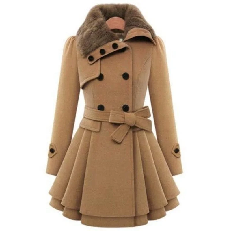 HEATHER Design Women's Fine Fashion Luxury Style Designer Khaki Brown Wool Coat Jacket Faux Fur Jacket Real Fur Jacket Shearling Jacket