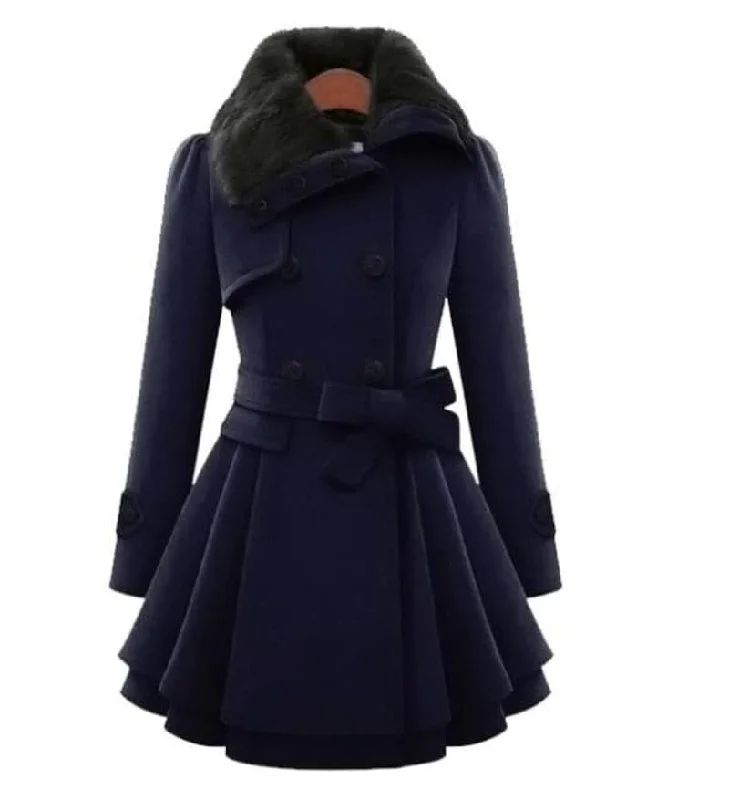 HEATHER Design Women's Fine Fashion Luxury Style Designer Navy Blue Wool Coat Jacket Hoodie Zip-Up Jacket Button-Up Jacket