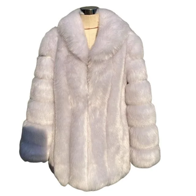 HQL Design Women's Fine Fashion Premium Quality Elegant Ivory White Faux Fur Collar Coat Jacket Notch Collar Peter Pan Collar Cowl Neck