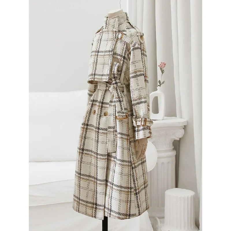 LAUTARO Women's Fine Fashion Elegant Luxury Ivory White Plaid Style Long Wool Coat Jacket Notch Collar Jacket Peter Pan Collar Jacket Cowl Neck Jacket