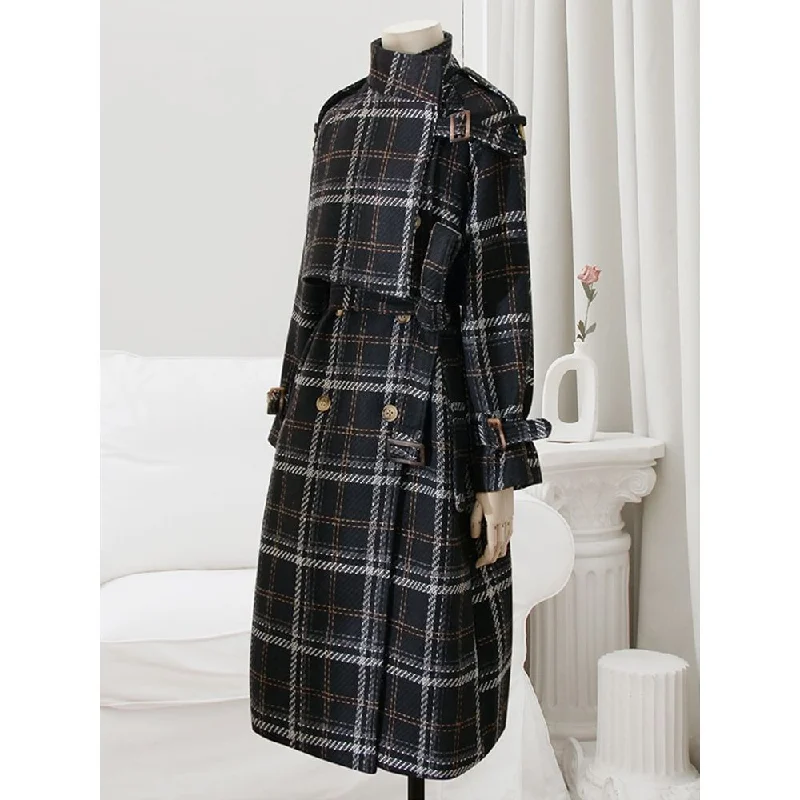 LAUTARO Women's Fine Fashion Elegant Luxury Black Plaid Style Long Wool Coat Jacket Satin Fabric Silk Fabric Chiffon Fabric