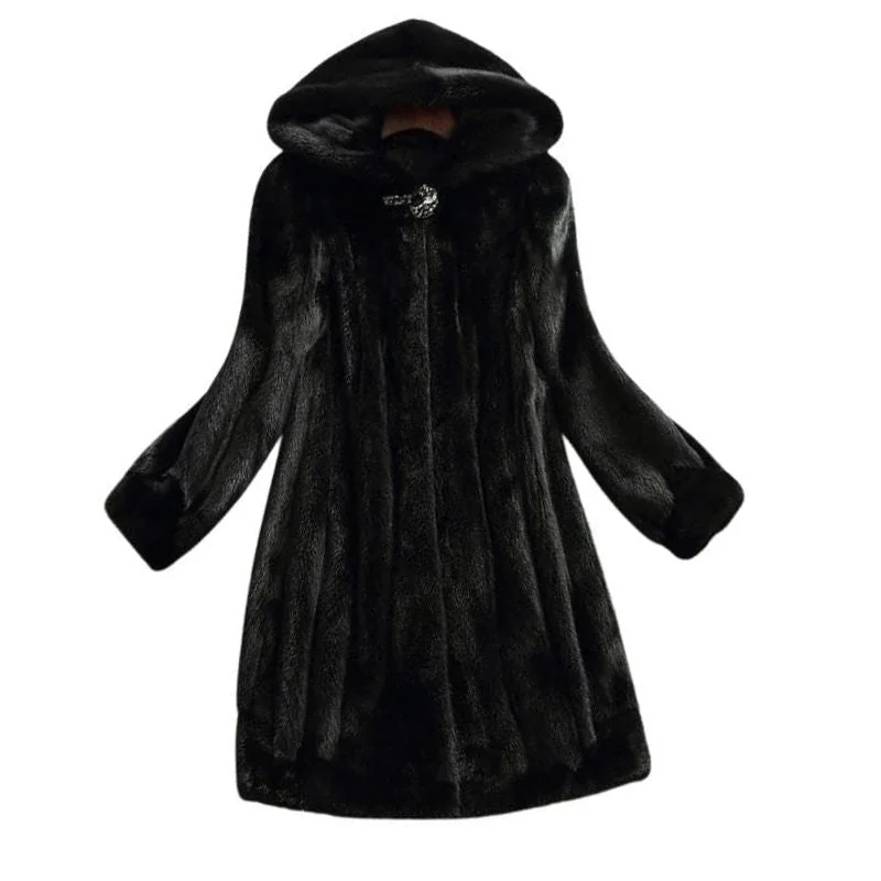 LAUTARO Women's Fine Fashion Luxury Style Long Hooded Faux Fur Black Coat Jacket Fitted Jacket Loose Jacket Oversized Jacket