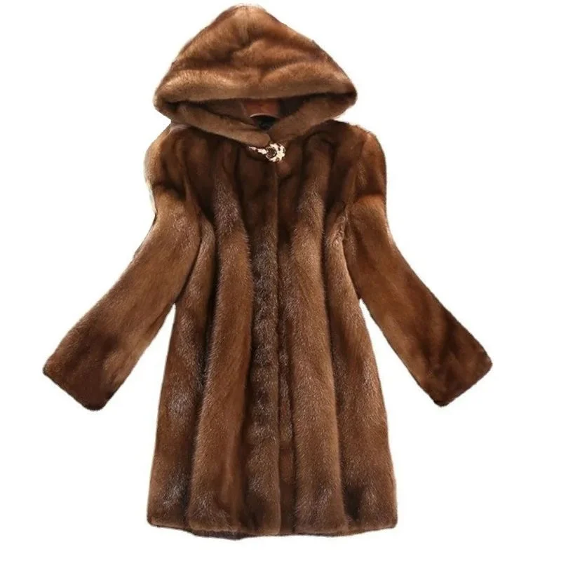 LAUTARO Women's Fine Fashion Luxury Style Long Hooded Faux Fur Brown Coat Jacket Corduroy Jacket Velvet Jacket Brocade Jacket