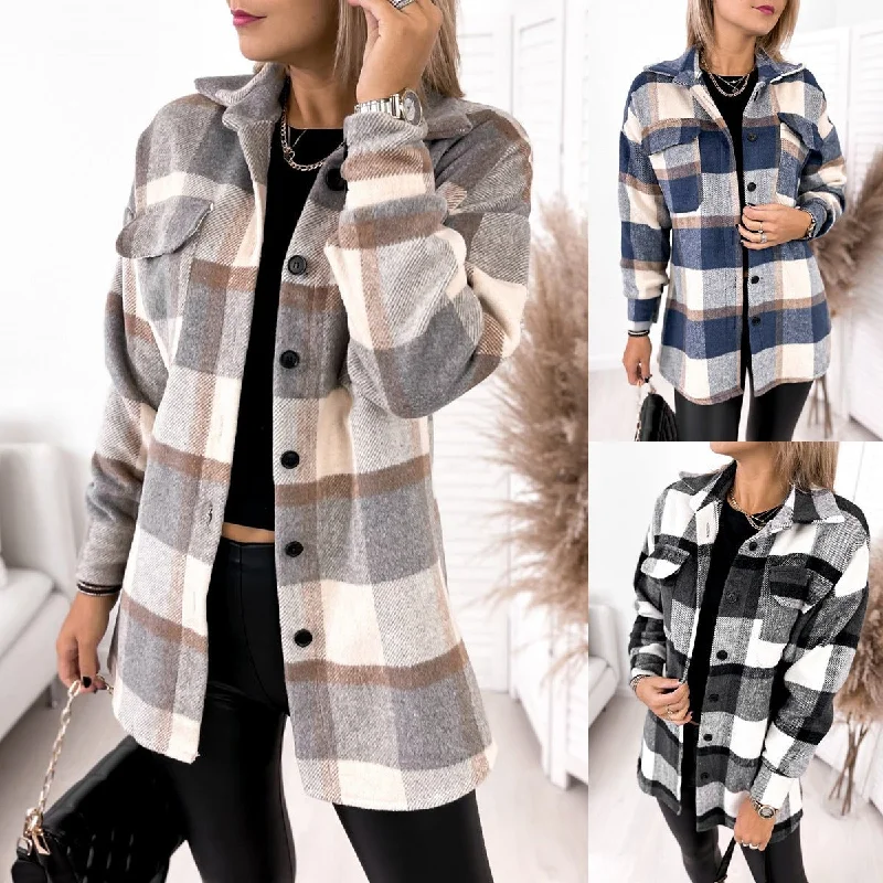 Long-sleeved Single-breasted Plaid Print Shirt Collar Woolen Jacket Notch Collar Peter Pan Collar Cowl Neck