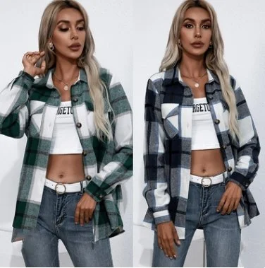 Long-sleeved Thick Cashmere Plaid Top Loose Casual Shirt Jacket Insulated Jacket Fitted Jacket Loose Jacket