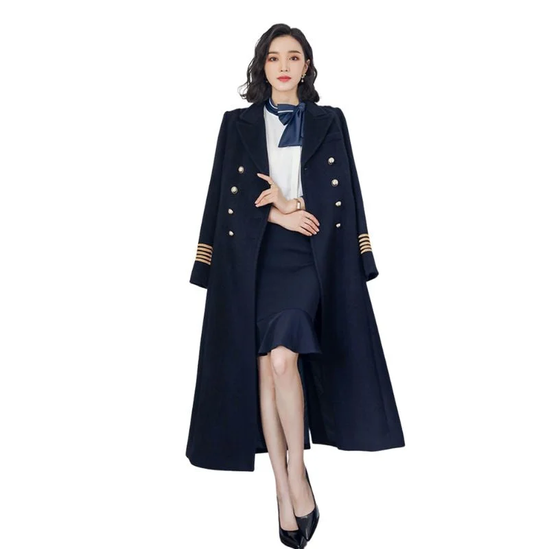 MARISSA Design Women's Fine Fashion Elegant Navy Blue Long Luxury Military Style Wool Coat Jacket Zippered Front Buttoned Front Snap Front