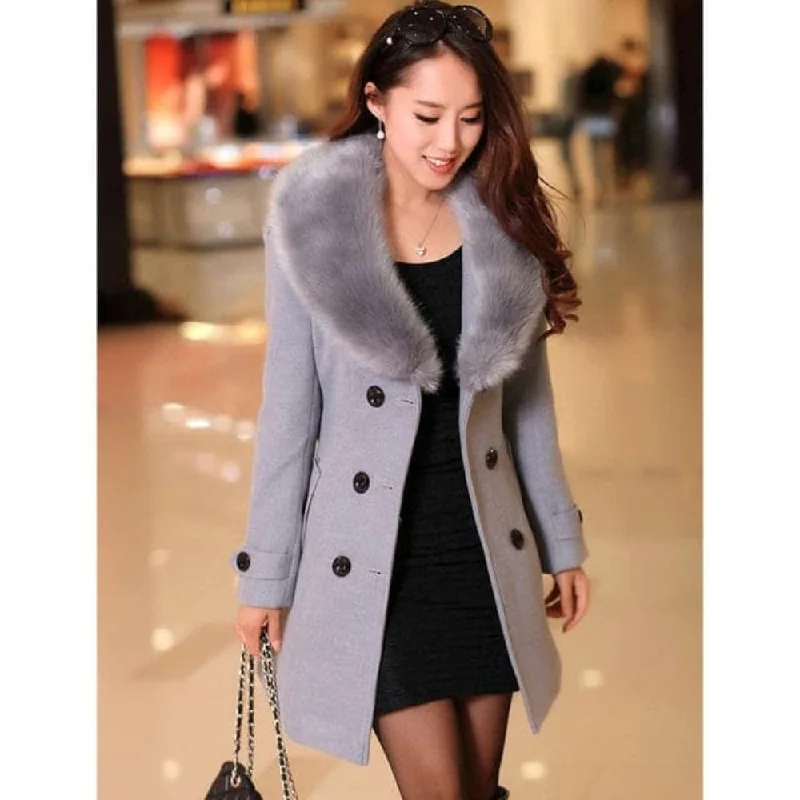 MDG Women's Fine Fashion Gray Coat Jacket Premium Quality Fur Collar Designer Wool Coat Jacket Satin Jacket Silk Jacket Chiffon Jacket