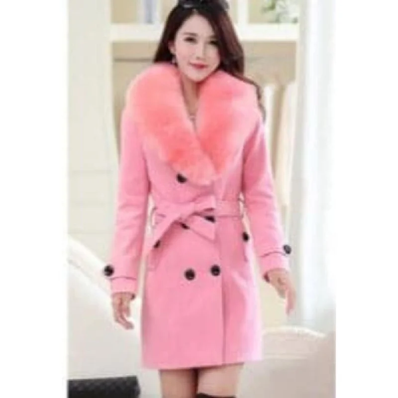 MDG Women's Fine Fashion Pink Coat Jacket Premium Quality Fur Collar Designer Wool Coat Jacket Faux Fur Jacket Real Fur Jacket Shearling Jacket