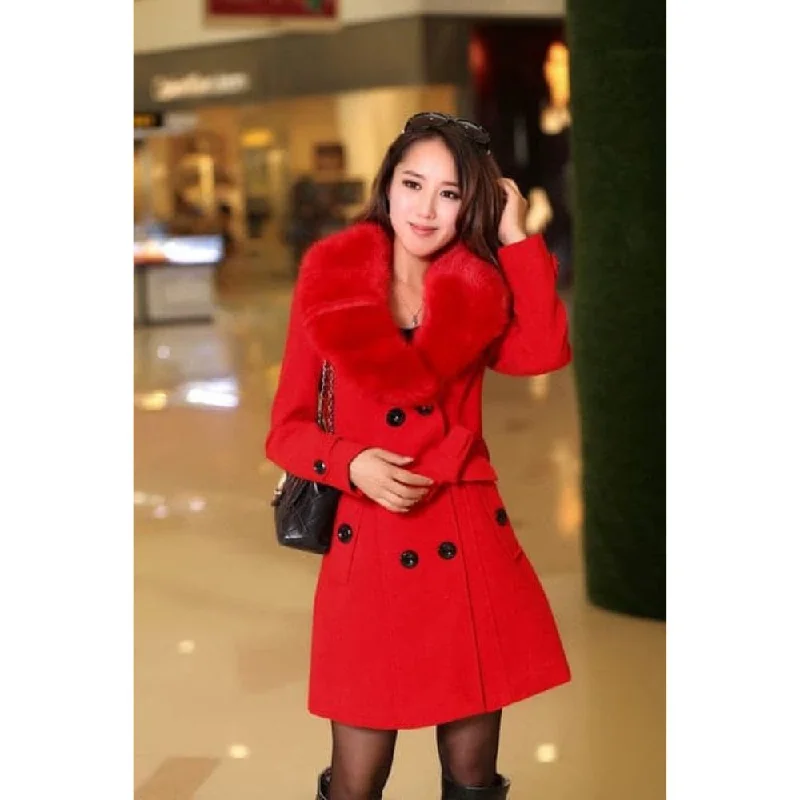 MDG Women's Fine Fashion Red Coat Jacket Premium Quality Fur Collar Designer Wool Coat Jacket Notch Collar Jacket Peter Pan Collar Jacket Cowl Neck Jacket