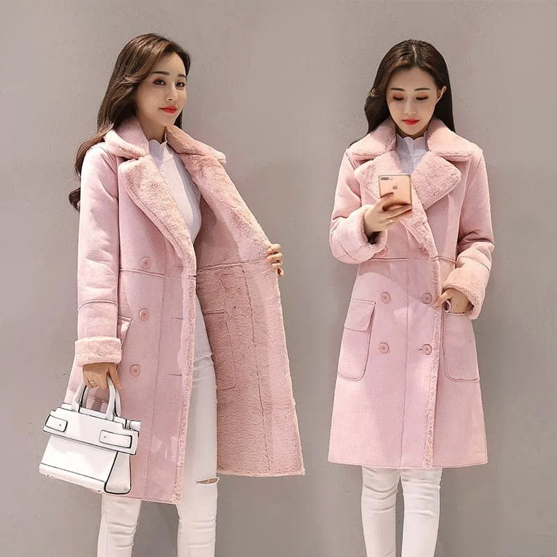 MONA Design Women's Fine Fashion Elegant Pink Coat Jacket Faux Fur Cashmere Lapel Coat Jacket Faux Fur Jacket Real Fur Jacket Shearling Jacket