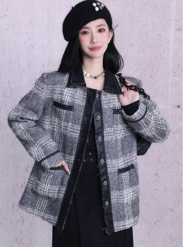 Monochrome Plaid Wool-Blend Jacket: Contrast Collar Button-Front Coat with Multiple Pockets Cotton Fabric Linen Fabric Terry Fabric