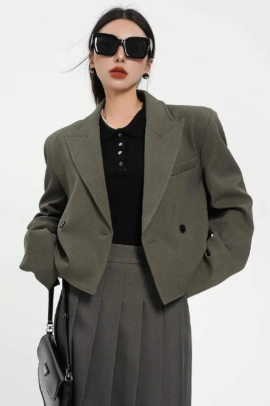 Olive Green Oversized Blazer - Double-Breasted Cropped Suit Jacket Satin Jacket Silk Jacket Chiffon Jacket