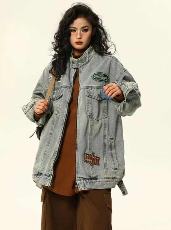 Oversized Vintage-Style Denim Jacket Hooded Jacket Caped Jacket Shawl Collar Jacket