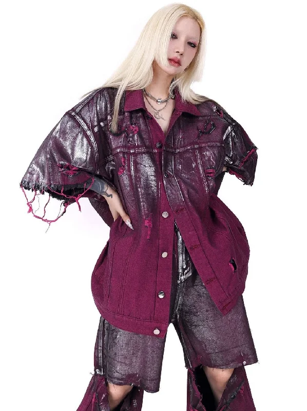 PINKSPINK Distressed Denim Jacket - Metallic Purple Chenille Jacket Brocade Jacket Lace Jacket