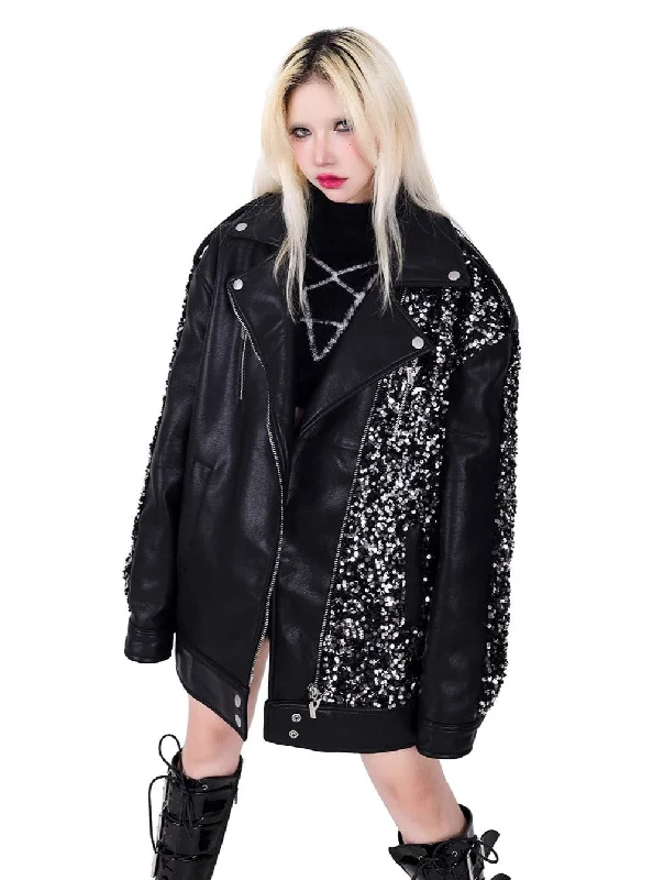 PINKSPINK Glitter Punk Leather Jacket - Black and Silver Jersey Jacket Tulle Jacket Batik Jacket