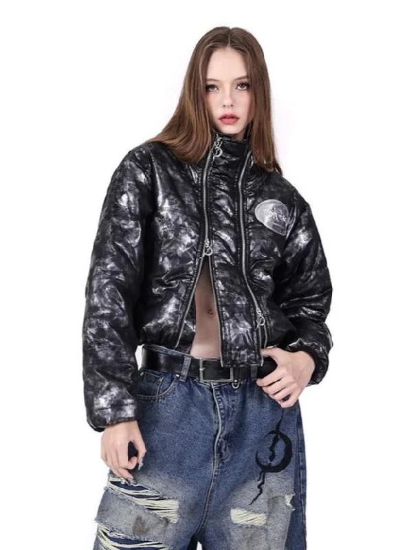 PINKSPINK Metallic Skull Puffer Jacket - Black/Silver Nylon Jacket Polyester Jacket Spandex Jacket