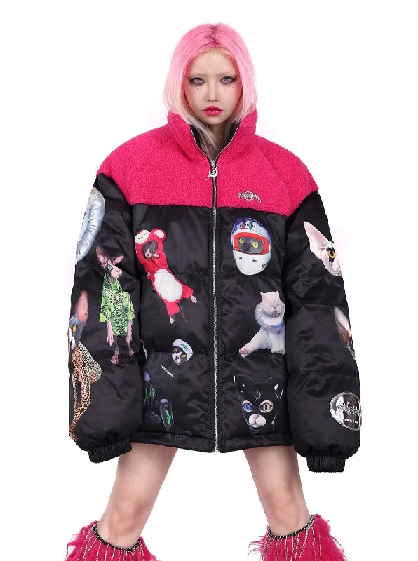 PINKSPINK Quirky Animal Collage Puffer Jacket - Black and Hot Pink Fleece Jacket Down Jacket Parka