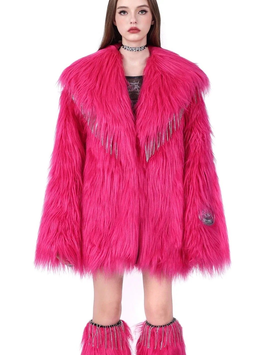 PINKSPINK Vibrant Faux Fur Jacket - Hot Pink Appliqued Jacket Beaded Jacket Sequined Jacket