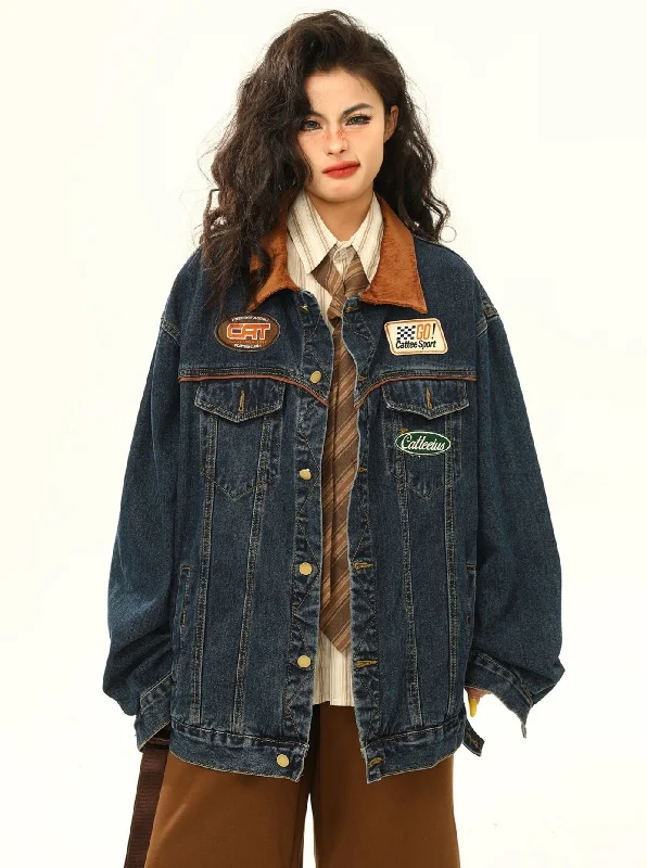 Racing Patch Denim Jacket with Corduroy Collar Notch Collar Jacket Peter Pan Collar Jacket Cowl Neck Jacket