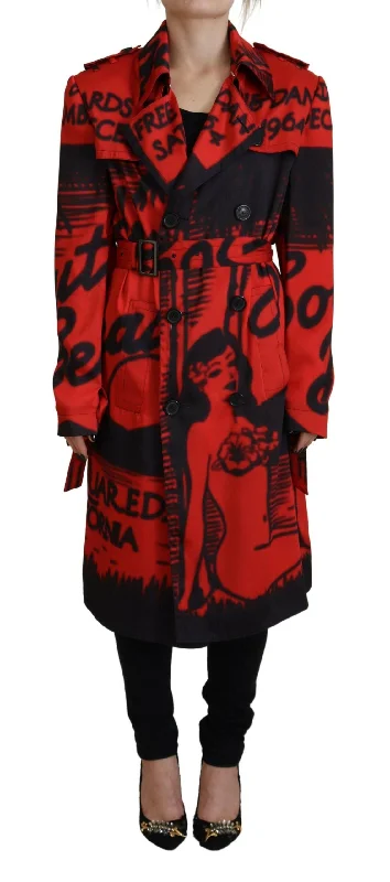 Red Printed Button Collared Desigual Coat Jacket Wool Fabric Cashmere Fabric Tweed Fabric