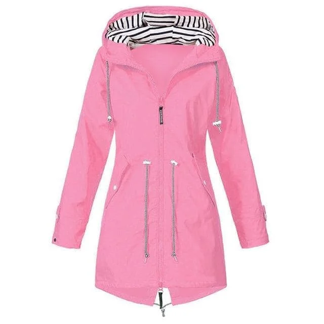 RTSHINE Women's Fashion Stylish Pink Hooded Light Jacket Raincoat Zipper Jacket Zip Front Button Front Snap Front