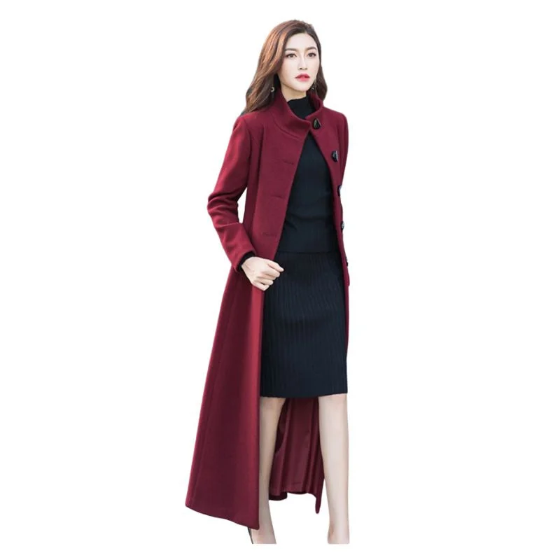 SARA Design Women's Fine Fashion Elegant Burgundy Red Luxury Style Long Wool Coat Jacket Belted Jacket Elasticated Jacket Padded Jacket