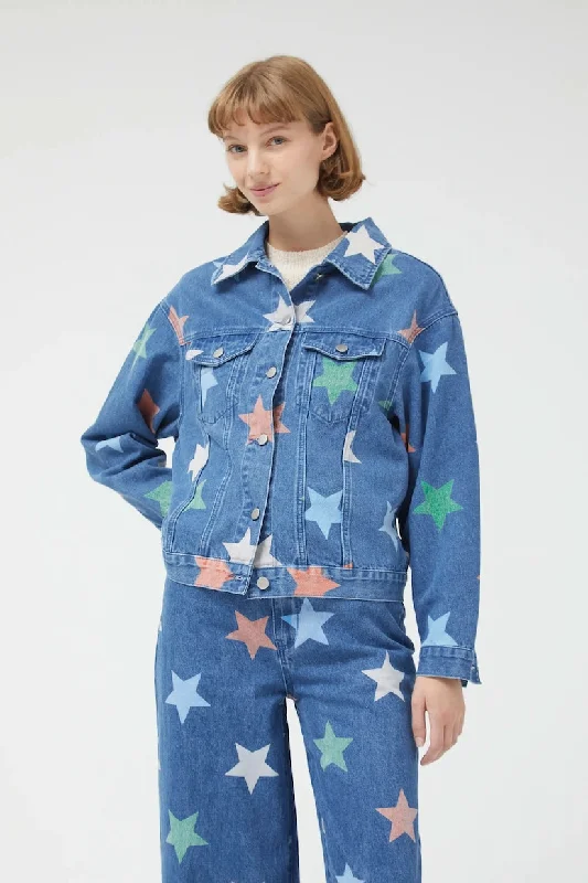 Star Print Denim Jacket Nylon Jacket Polyester Jacket Spandex Jacket