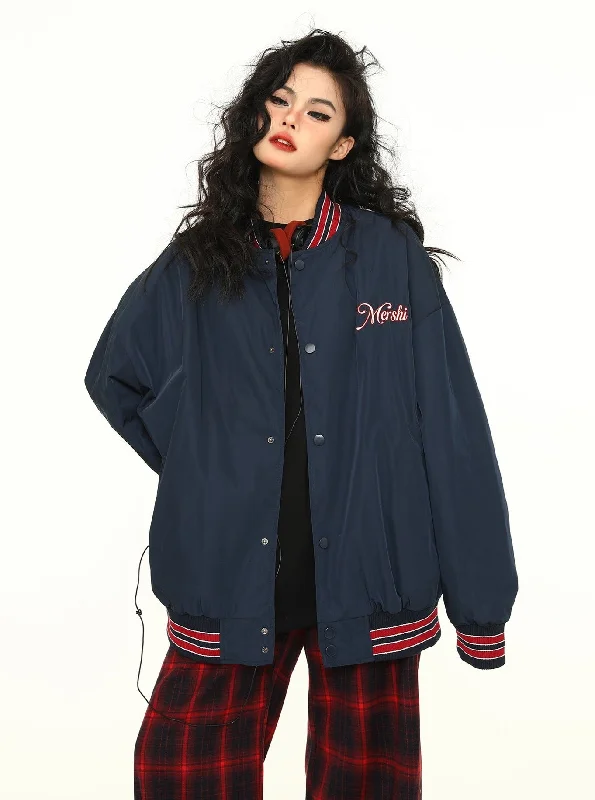 Varsity-Style Bomber Jacket Front Pockets Side Pockets Patch Pockets