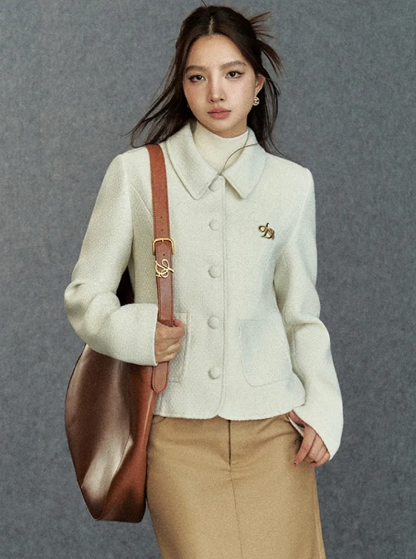 Classic Cropped Tweed Jacket Boat Neck Shawl Collar Notched Collar