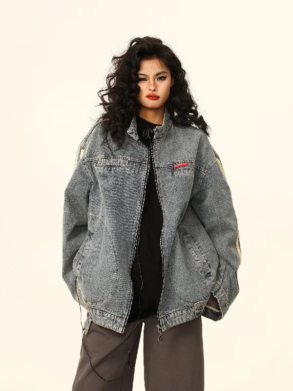 Vintage-Style Oversized Washed Denim Jacket Fleece Fabric Down Fabric Feather Fabric