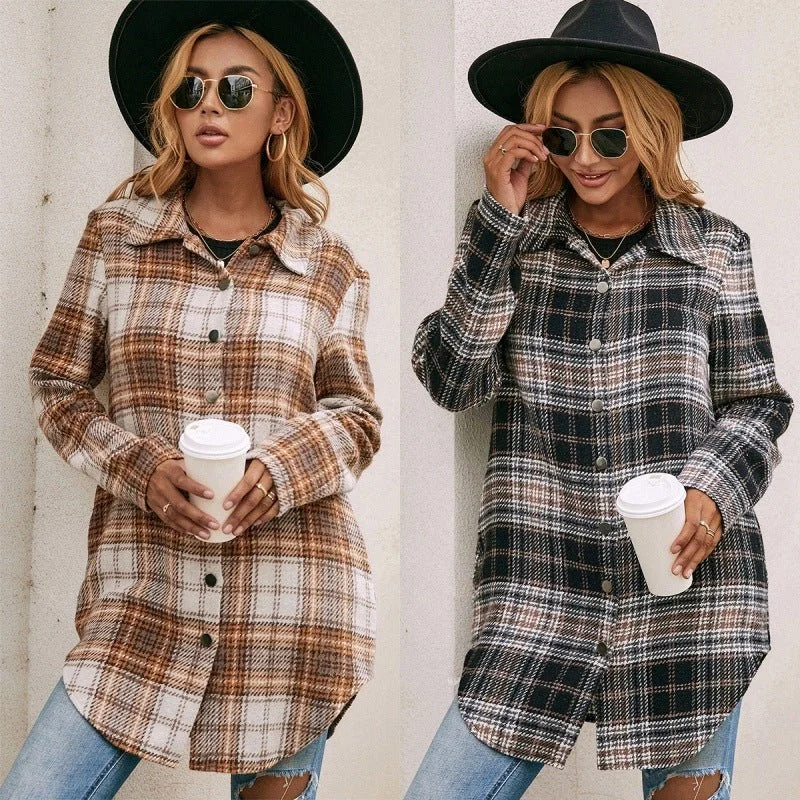 Women's Loose Casual Plush Plaid Shirt Jacket V-Neck Jacket Boat Neck Jacket Square Neck Jacket