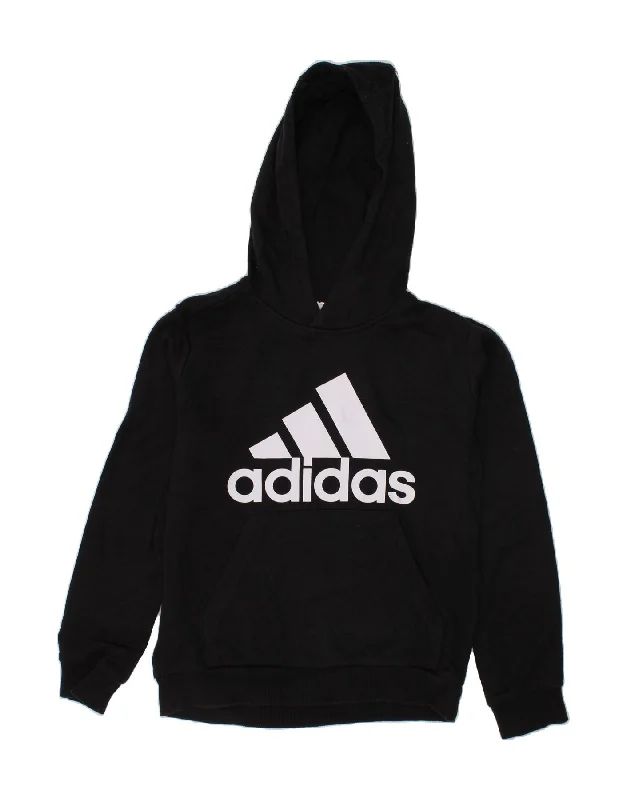 ADIDAS Boys Graphic Hoodie Jumper 9-10 Years Black Polyester Hoodie with Embroidery Detailed Premium