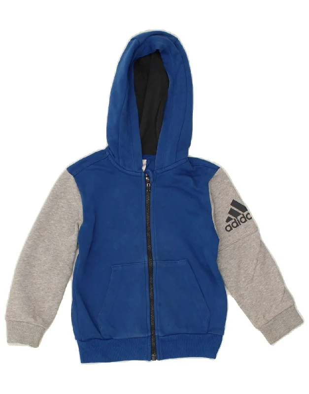 ADIDAS Boys Graphic Zip Hoodie Sweater 5-6 Years Blue Colourblock Cotton Hoodie with Toggle Buttons Decorative Unique