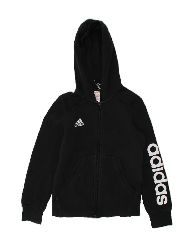 ADIDAS Boys Graphic Zip Hoodie Sweater 9-10 Years Black Cotton Hoodie with Ribbed Hem Stretchable Secure