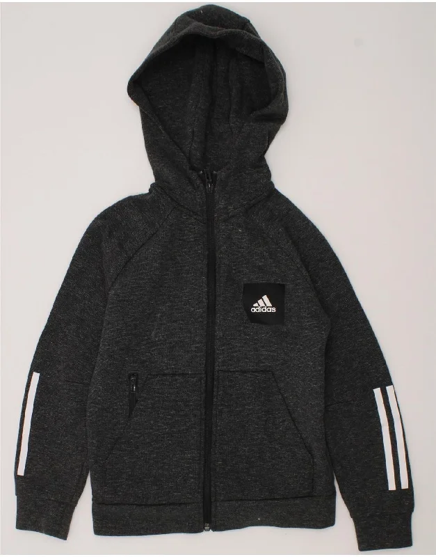 ADIDAS Boys Zip Hoodie Sweater 7-8 Years Grey Flecked Cotton Hoodie with Pattern Geometric Abstract