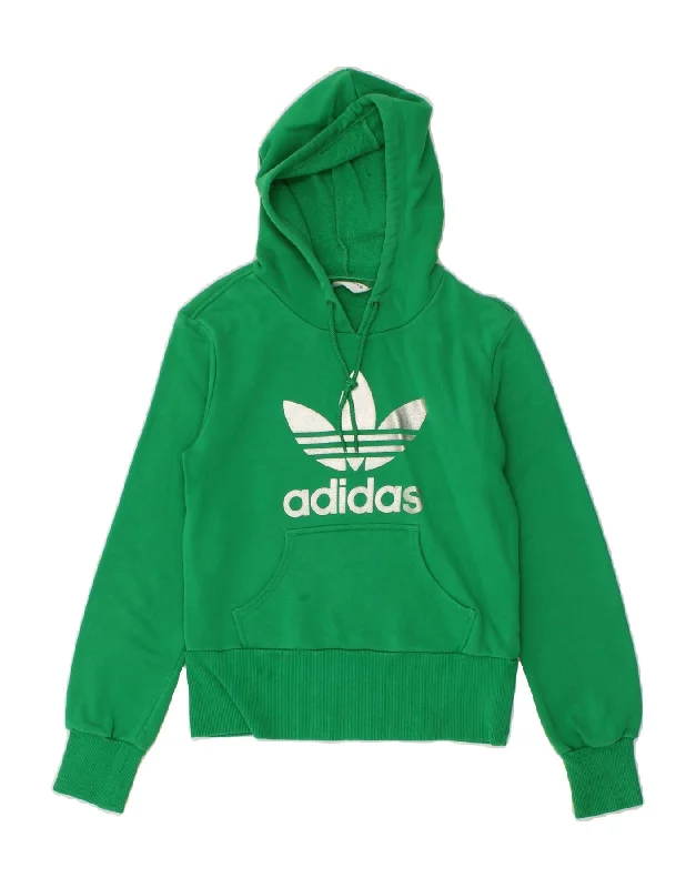 ADIDAS Womens Graphic Hoodie Jumper EU 36 Small Green Cotton Hoodie with Full-Zip Functional Layering