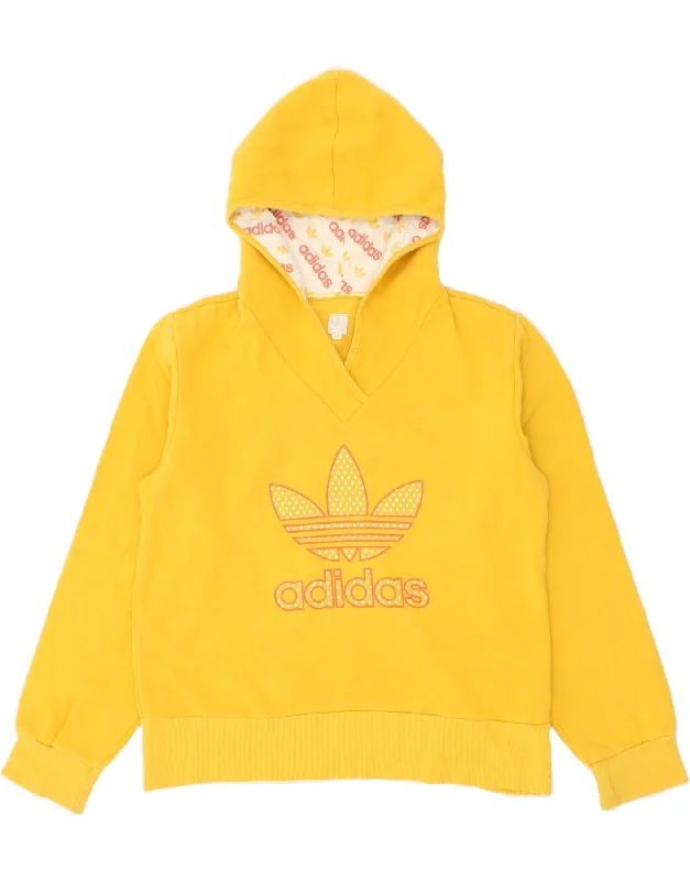 ADIDAS Womens Graphic Hoodie Jumper UK 16 Large Yellow Cotton Hoodie with Hem Contrast Bold Stylish