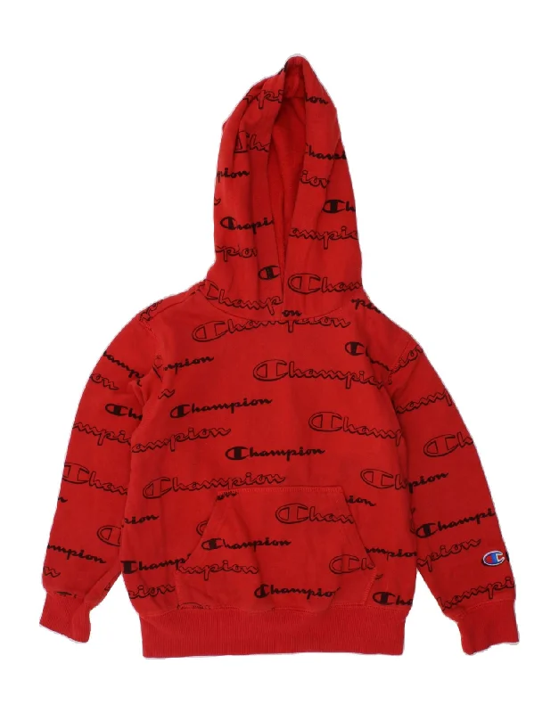 CHAMPION Boys Graphic Hoodie Jumper 5-6 Years Red Cotton Hoodie with Illustration Artistic Creative