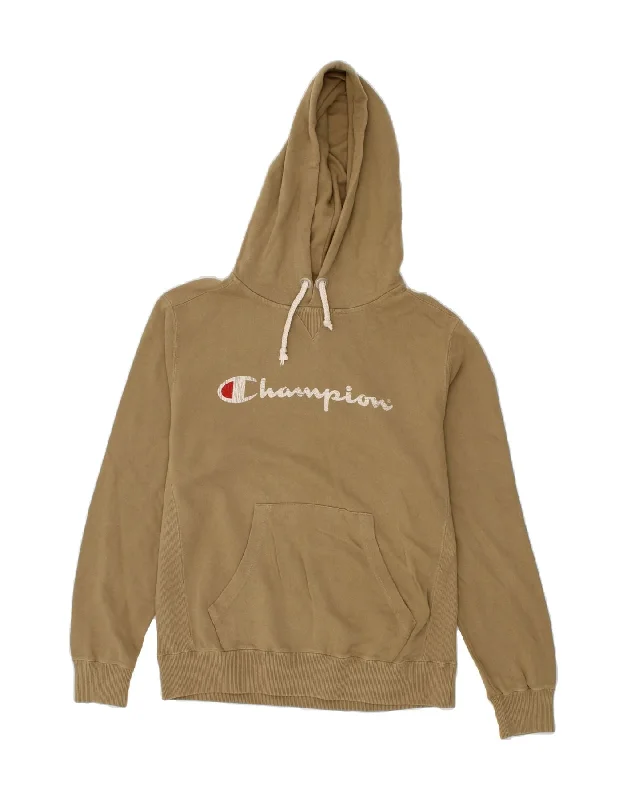 CHAMPION Mens Graphic Hoodie Jumper Large Beige Cotton Hoodie with Elastic Cuffs Stretchable Comfortable