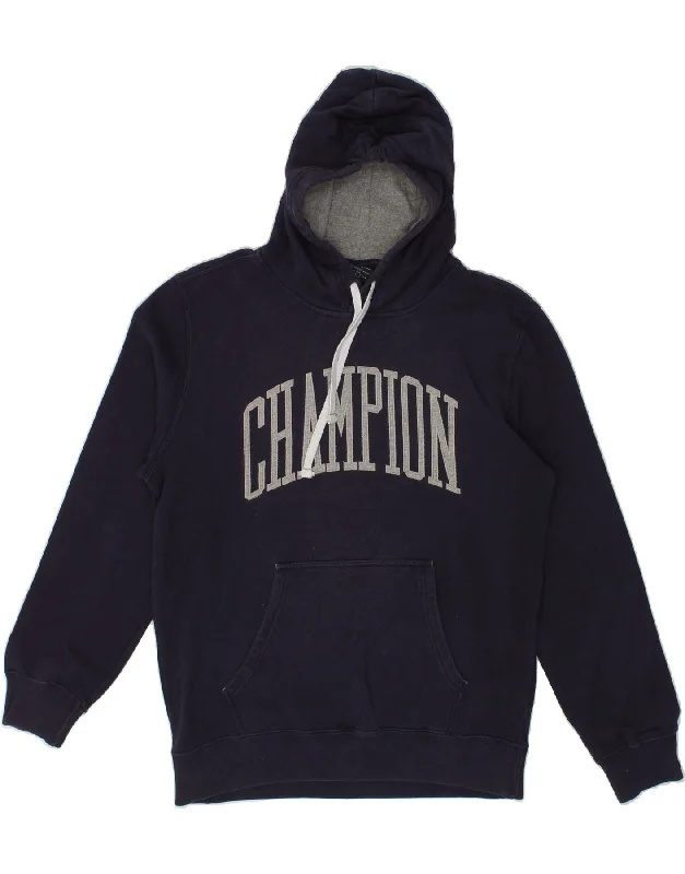 CHAMPION Mens Graphic Hoodie Jumper Large Navy Blue Cotton Hoodie with Emblem Brand Identity