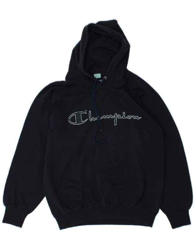 CHAMPION Mens Graphic Hoodie Jumper Medium Navy Blue Hoodie with Velcro Closure Adjustable Secure