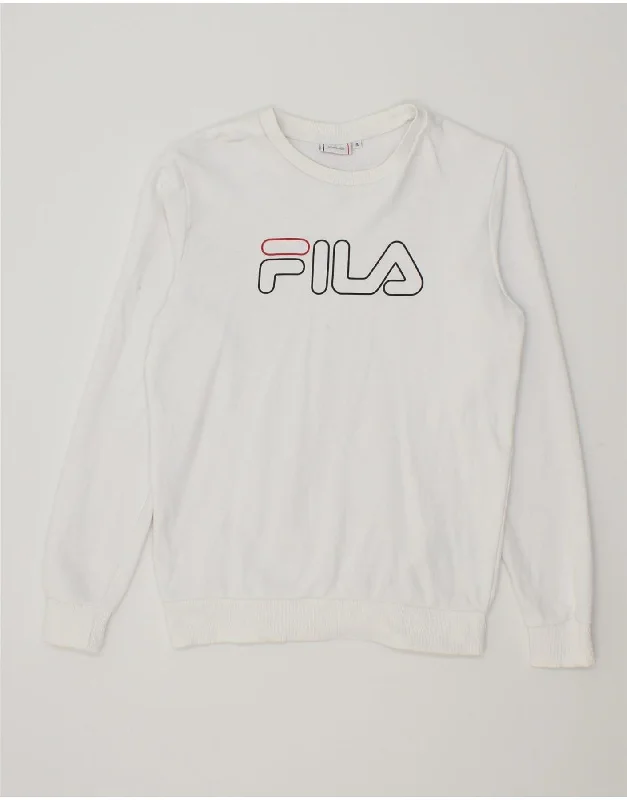 FILA Mens Graphic Sweatshirt Jumper Small White Cotton Hoodie with Front Slit Layering Stylish