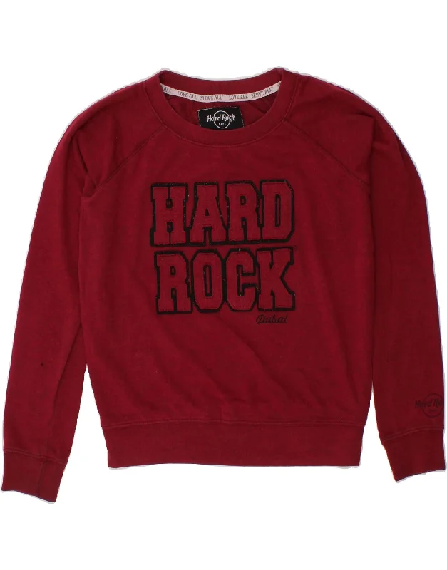 HARD ROCK CAFE Womens Dubai Sweatshirt Jumper UK 14 Medium Burgundy Cotton Hoodie with Back Slit Movement Comfort