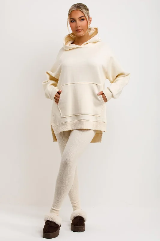 Hoodie And Leggings Set Cream Fashionable Solid Color Tights