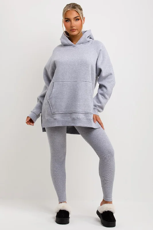 Hoodie And Leggings Set Grey Stylish Stretch Print Leggings