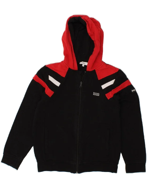 HUGO BOSS Boys Zip Hoodie Sweater 11-12 Years XS Black Colourblock Cotton Hoodie with Exposed Zipper Edgy Industrial