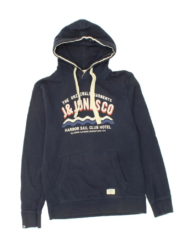 JACK & JONES Mens Graphic Hoodie Jumper Large Navy Blue Hoodie with Color Block Contrast Stylish